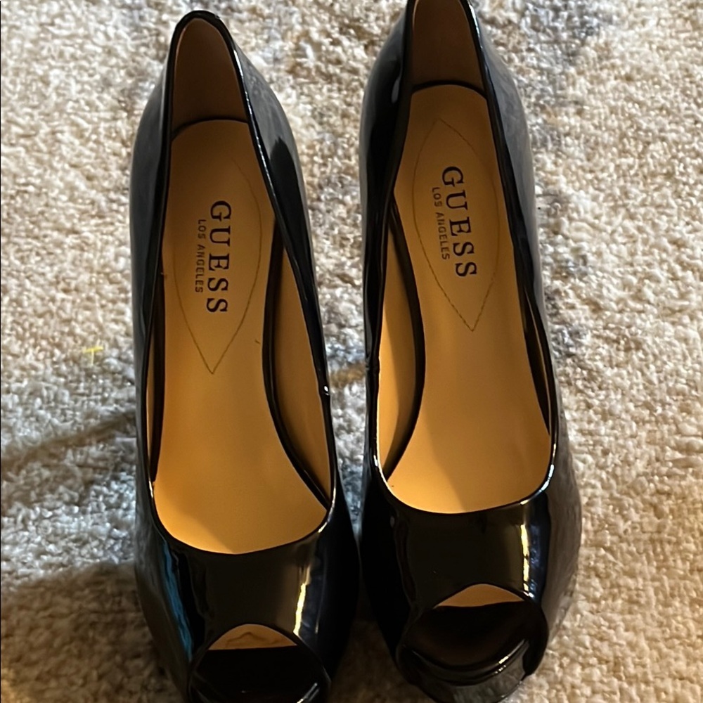 Guess Black Patent Leather Peep-Toe Heels